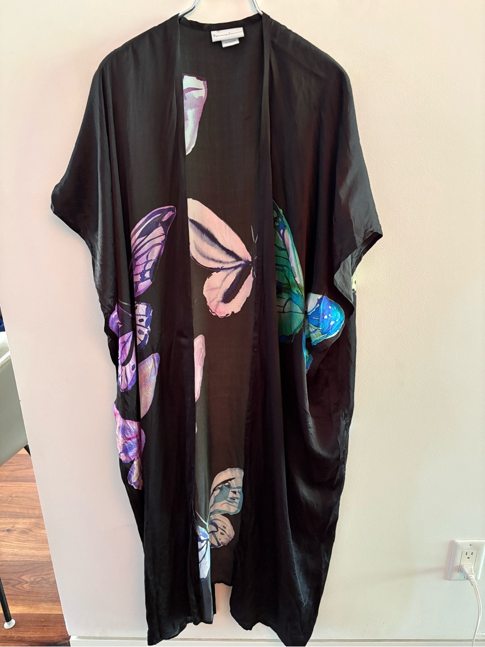 Art of Marina Black Butterfly-Print Silk Robe Duster Beach Cover O/S